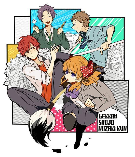 1girl, 3boys, black_hair, blazer, blush, bow, brown_hair, cardigan