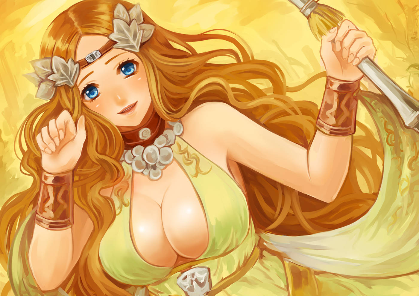 blue_eyes, bracer, breasts, circlet, cleavage, collar, curly_hair, dress