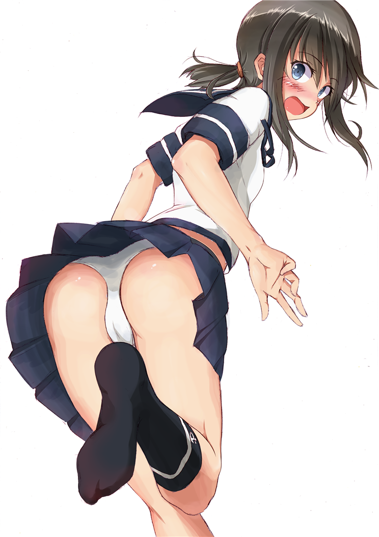 1girl, ass, black_hair, blue_eyes, blush, embarrassed, feesu_(rinc7600), from_behind, fubuki_(kantai_collection), kantai_collection, looking_back, no_shoes, open_mouth, panties, pantyshot, school_uniform, serafuku, short_hair, skirt, solo, standing_on_one_leg, underwear, white_background, white_panties