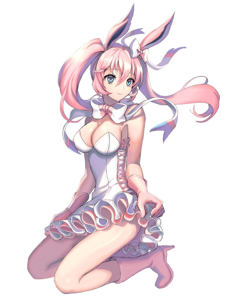 1girl, animal_ears, bare_shoulders, blue_eyes, bow, bowtie, breasts, cleavage