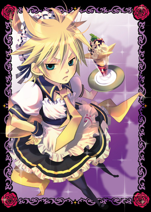 1boy, black_legwear, blonde_hair, crossdressinging, food, ice_cream, kagamine_len, maid