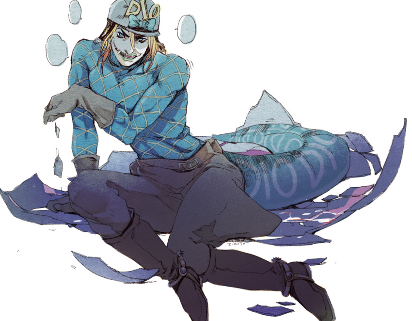 1boy, blonde_hair, boots, catsizuru, diego_brando, gloves, green_lipstick, hat, highres, jodhpurs, jojo_no_kimyou_na_bouken, lipstick, makeup, scary_monster_(stand), solo, spurs, stand_(jojo), steel_ball_run, tail