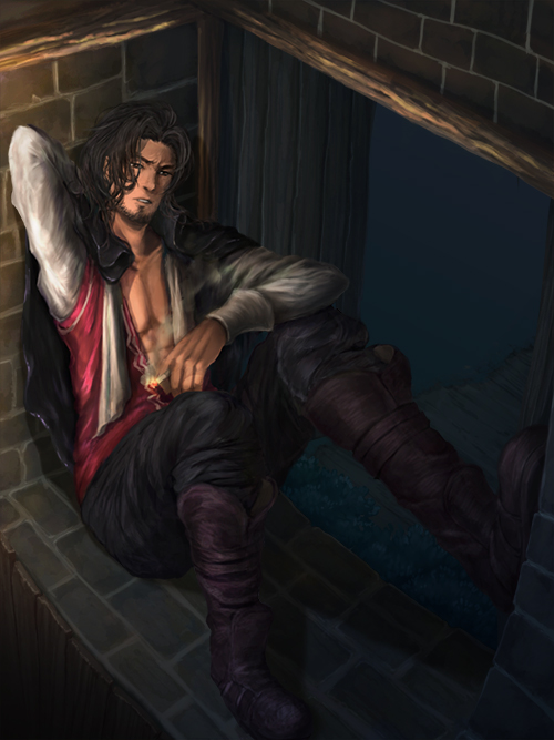 1boy, boots, brown_hair, cigarette, dunban, facial_hair, kalma_blaf, long_hair