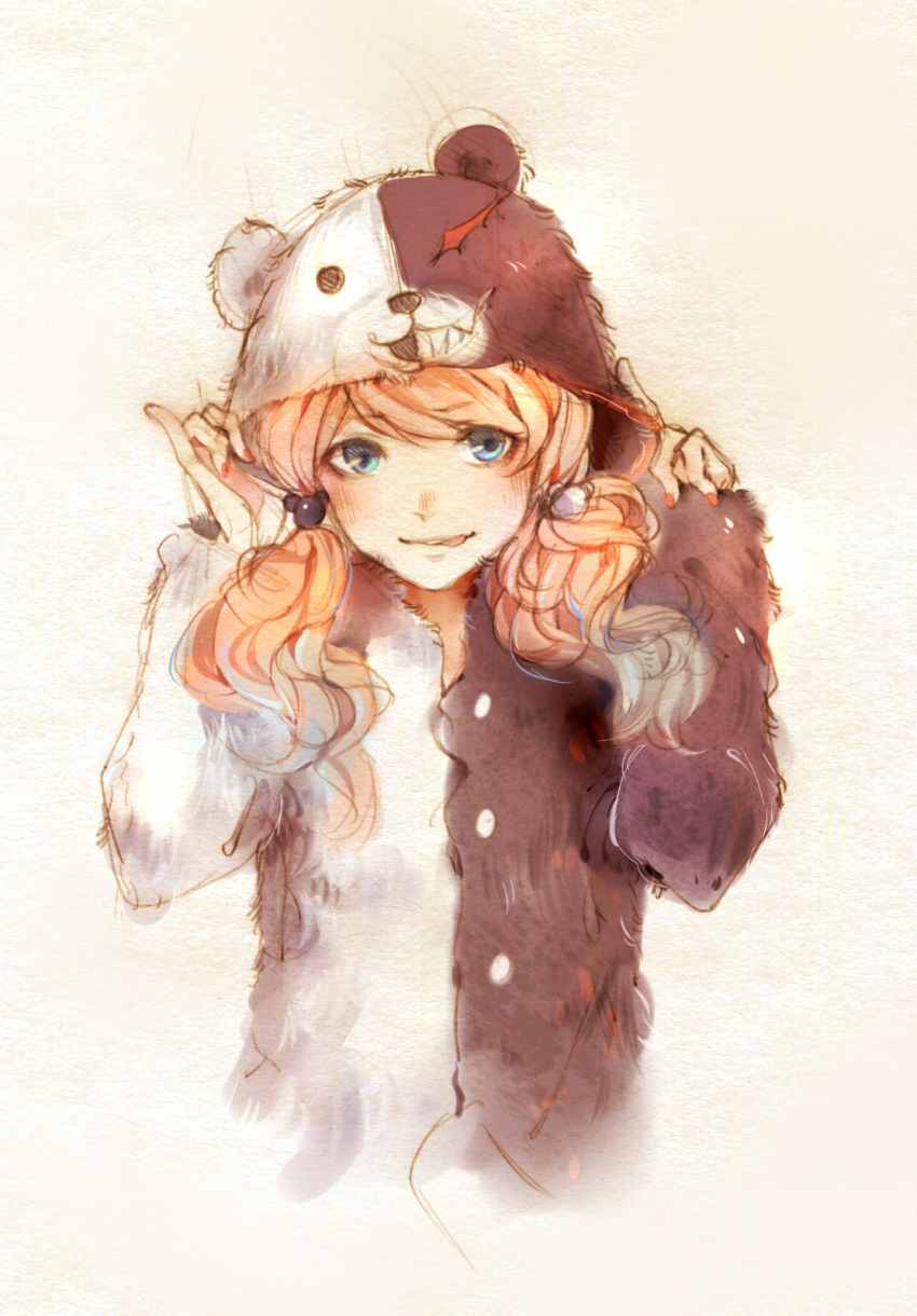 1girl, bear_hood, blue_eyes, blush, dangan_ronpa, enoshima_junko, highres, hoodie