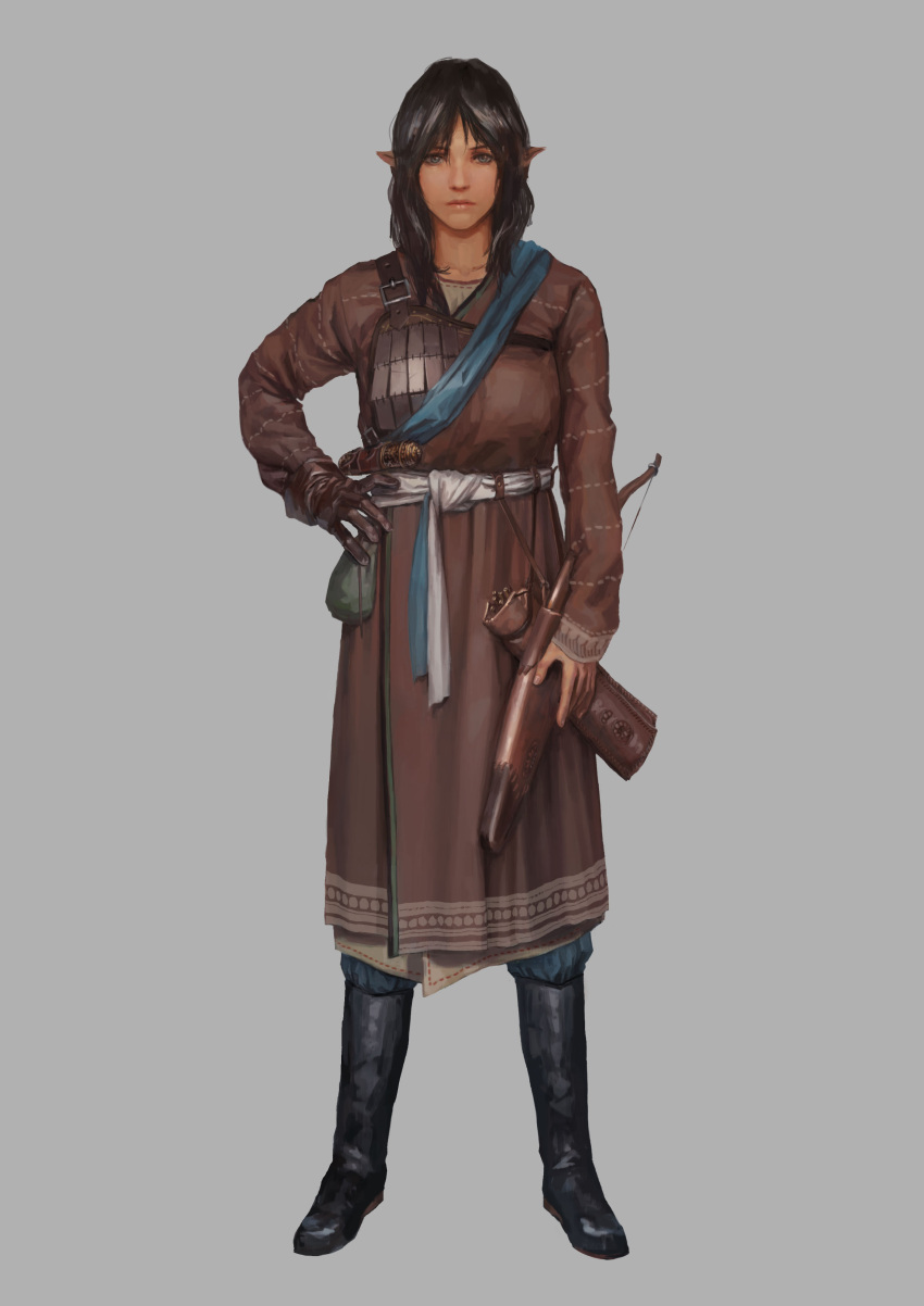 1girl, absurdres, belt, black_hair, blue_eyes, boots, bow_(weapon), buckle