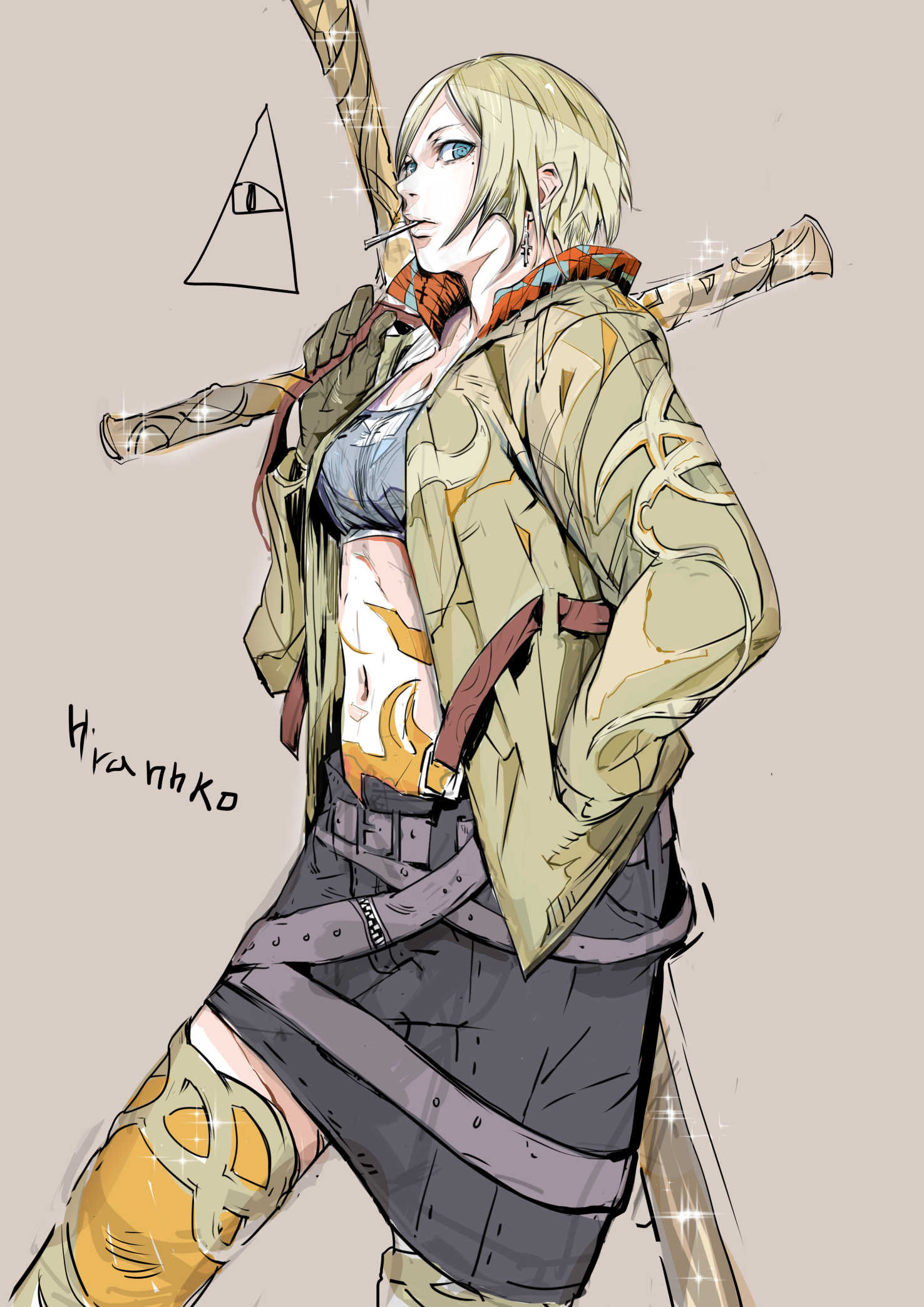 1girl, bandeau, belt, blonde_hair, blue_eyes, cigarette, cross_earrings, earrings, eyes, from_side, gloves, grey_background, highres, hiranko, huge_weapon, jacket, jewelry, midriff, mole, mole_under_eye, multicolored_legwear, navel, open_clothes, open_jacket, original, over_shoulder, oversized_object, scabbard, sheath, short_hair, signature, simple_background, smoking, solo, strap, studded_skirt, sword, thigh-highs, triangle, weapon, zettai_ryouiki
