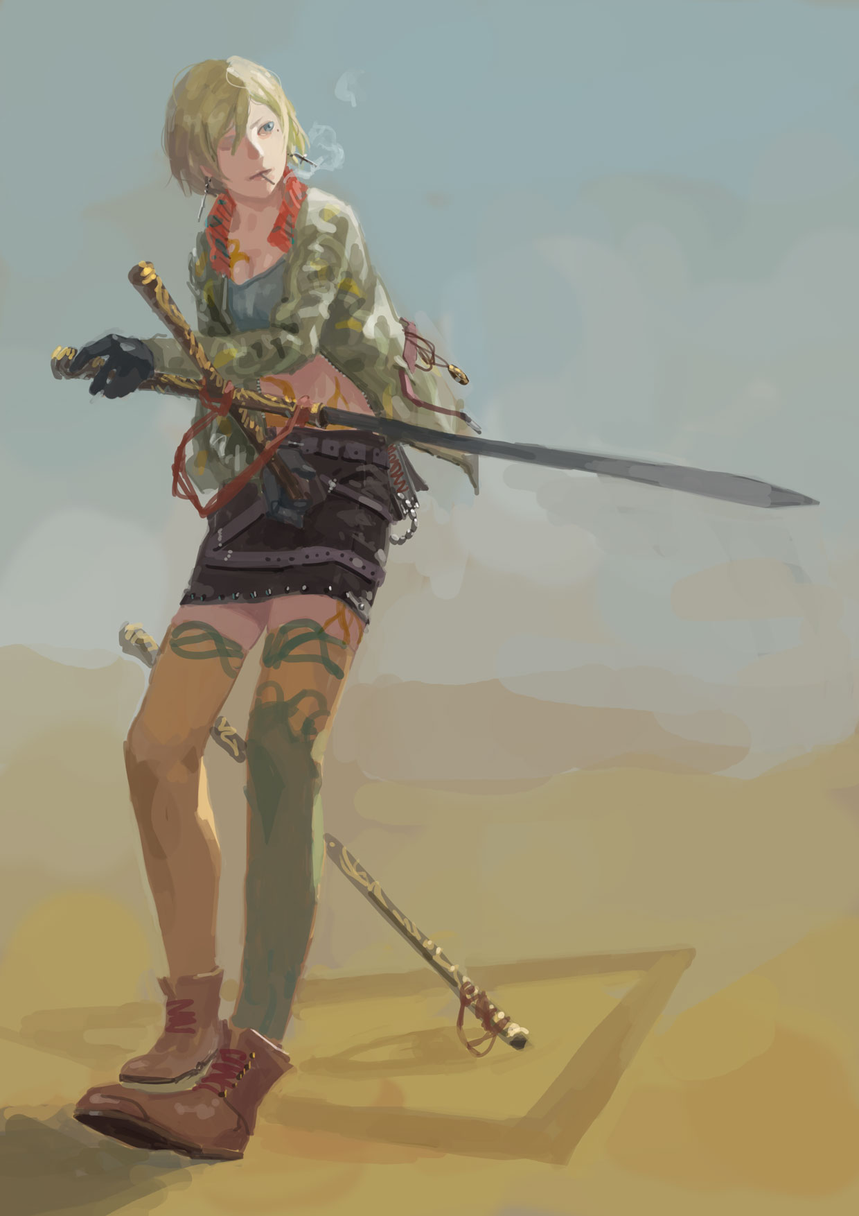 1girl, bandeau, belt, blonde_hair, blue_eyes, borrowed_character, chain, cigarette