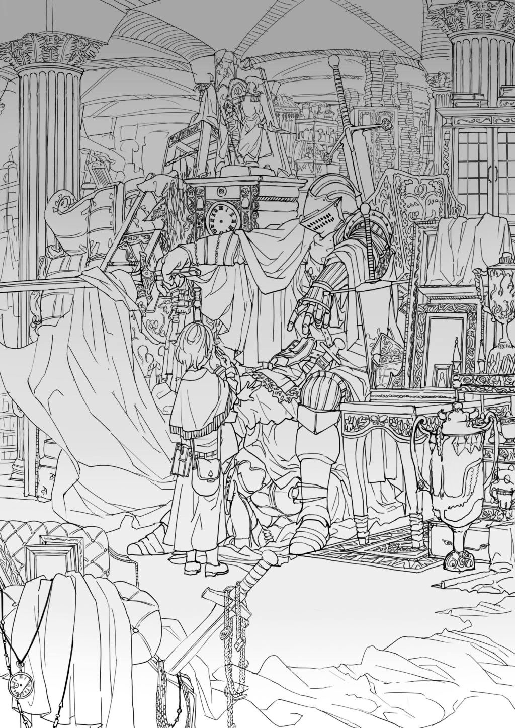 1boy, arm_up, armor, book, book_stack, boots, cabinet, carpet, ceiling, chair, clock, column, dagger, drop_cloth, gauntlets, helm, helmet, highres, indoors, ishidah, jewelry, knight, lineart, monochrome, necklace, original, ornate, picture_frame, pillar, planted_sword, planted_weapon, plate_armor, pocket_watch, pouch, reaching_out, robe, shelves, shield, size_difference, staff, statue, storage_room, sword, table, urn, vase, watch, weapon