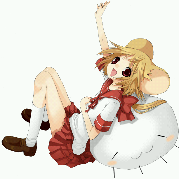 :3, animal_ears, arm_up, blonde_hair, bow, knee_highs, kneehighs, leaning_back