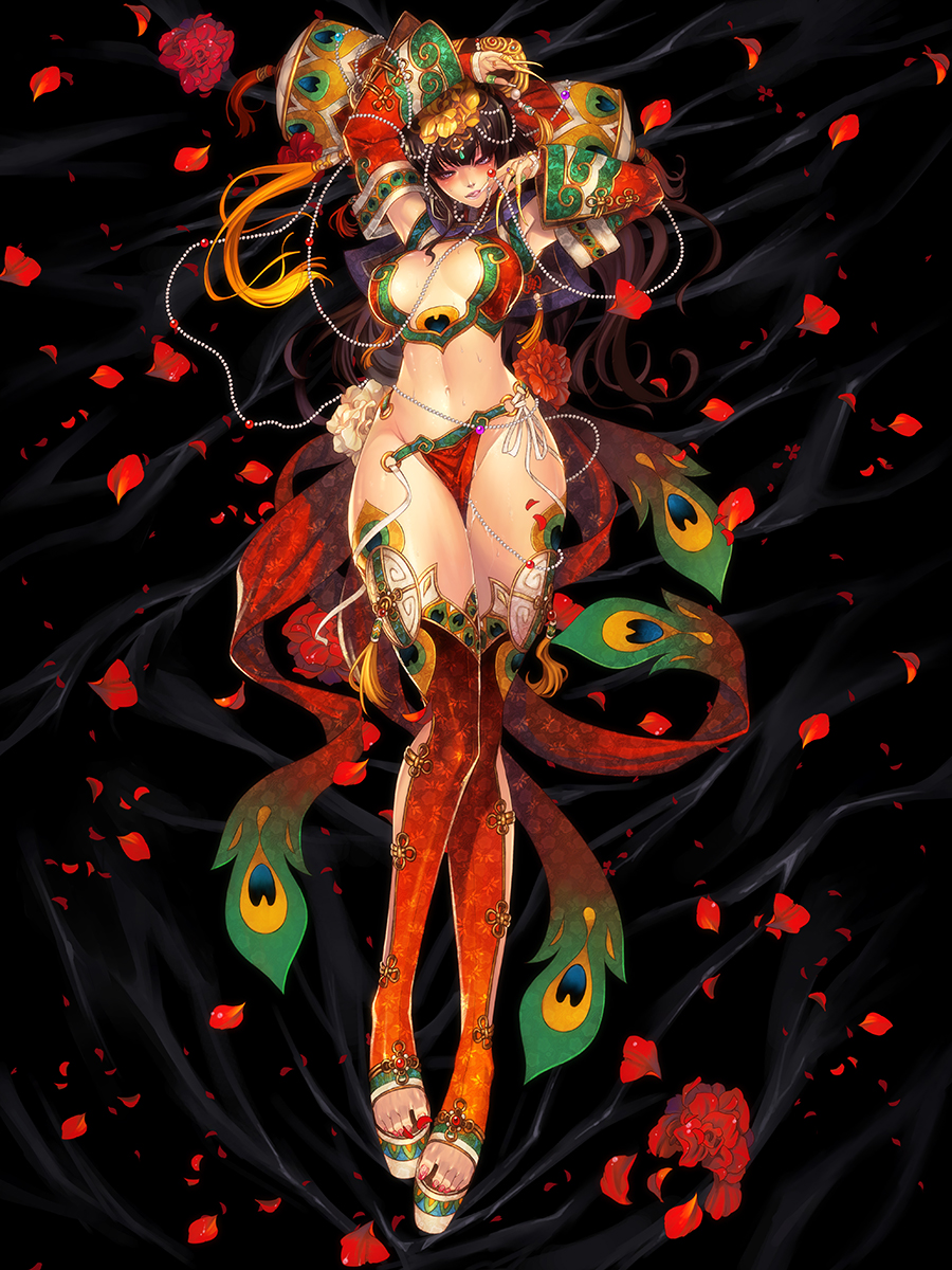 1girl, armpits, arms_up, black_hair, breasts, center_opening, detached_sleeves, highres