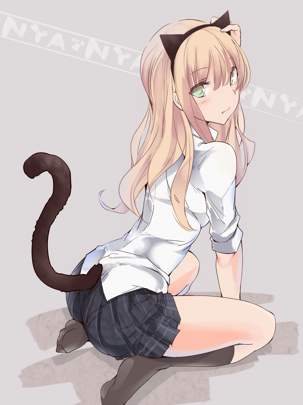 1girl, animal_ears, arm_support, black_legwear, blonde_hair, blush, cat_ears, cat_tail