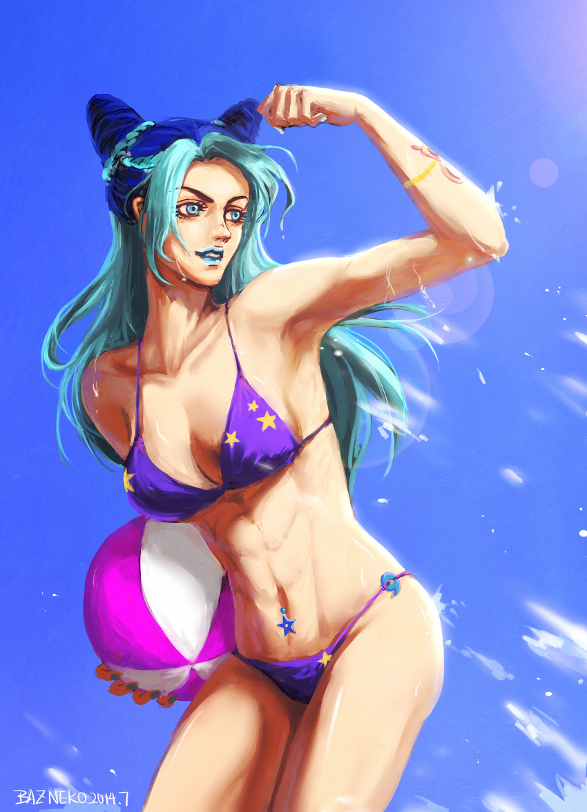 1girl, abs, aqua_hair, ball, baz_neko, beachball, bikini, blue_hair