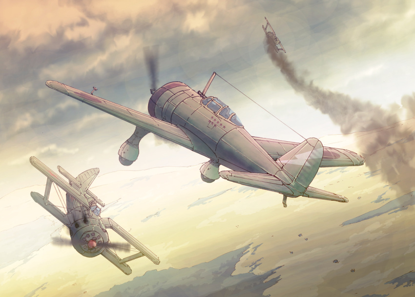 aerial_battle, battle, clouds, damaged, dogfight, earasensha, gun, machine_gun