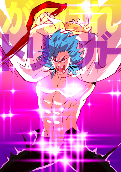 1boy, abs, bevel, blue_hair, fabulous, glowing, kill_la_kill, male