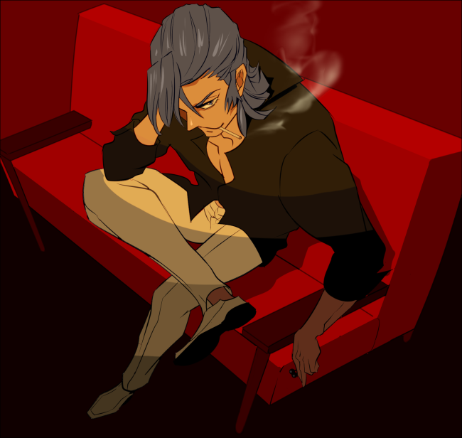 1boy, bevel, blue_hair, cigarette, couch, crossed_legs, kill_la_kill, male, mikisugi_aikurou, sitting, smoking, solo