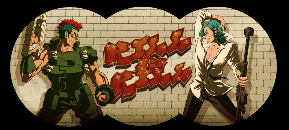 2boys, bandaid, bandaid_on_nose, bevel, black_hair, blue_hair, graffiti, gun