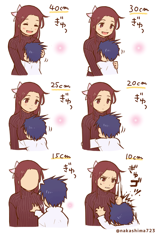 1boy, 1girl, blue_hair, breast_grab, breast_smother, brown_hair, couple, faceless