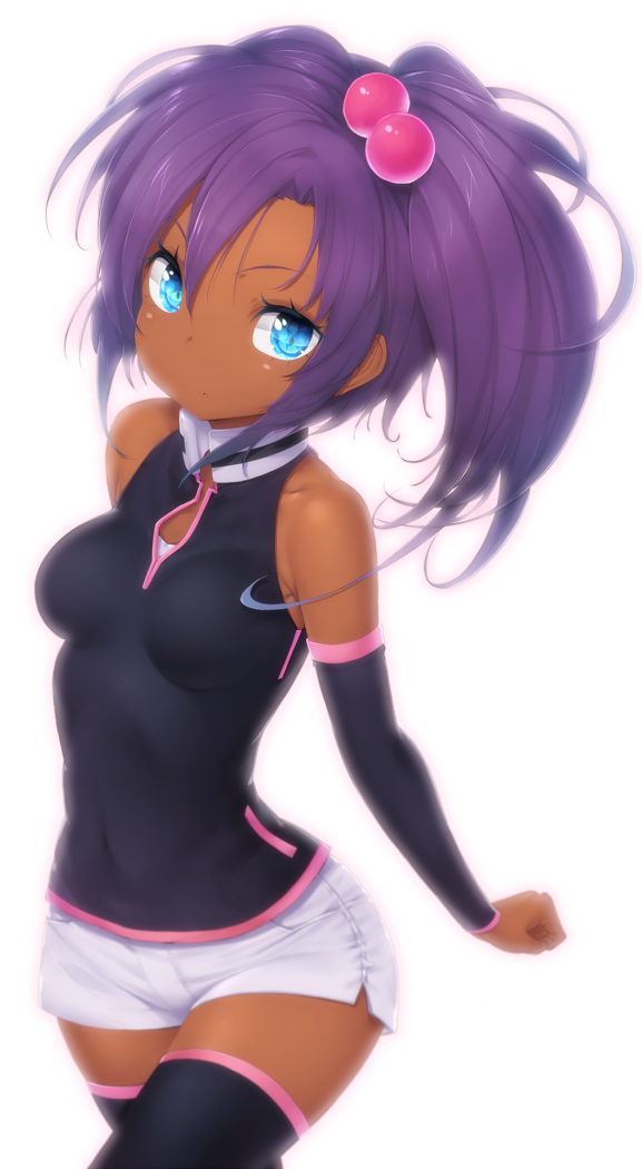 1girl, bare_shoulders, black_legwear, blue_eyes, covered_navel, dark_skin, detached_sleeves, gundam