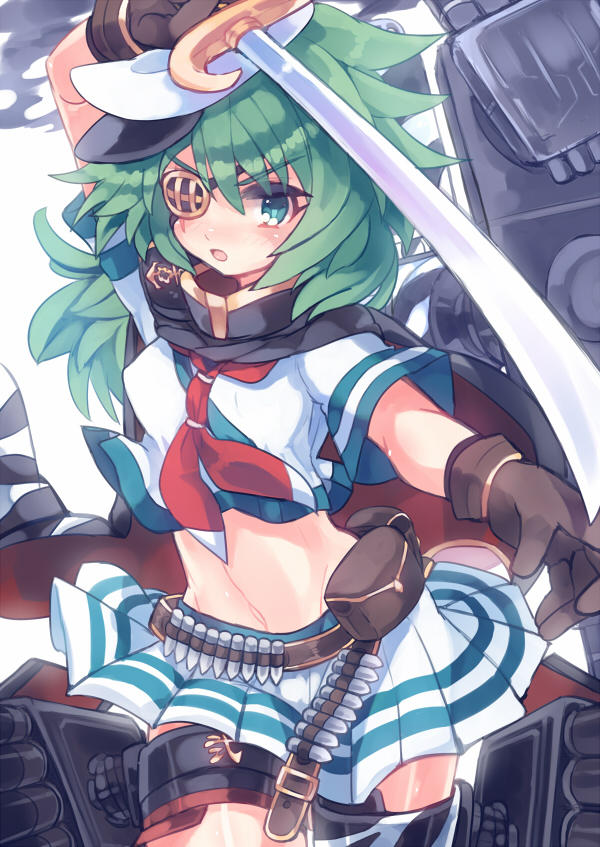 1girl, cape, eyepatch, green_eyes, green_hair, hat, holding, iwashi_(sardineblue)