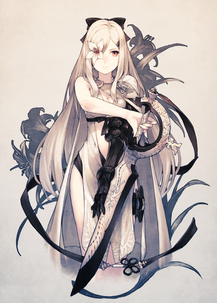 1girl, bare_shoulders, breasts, cleavage, drag-on_dragoon_3, flower, flower_eyepatch, highres