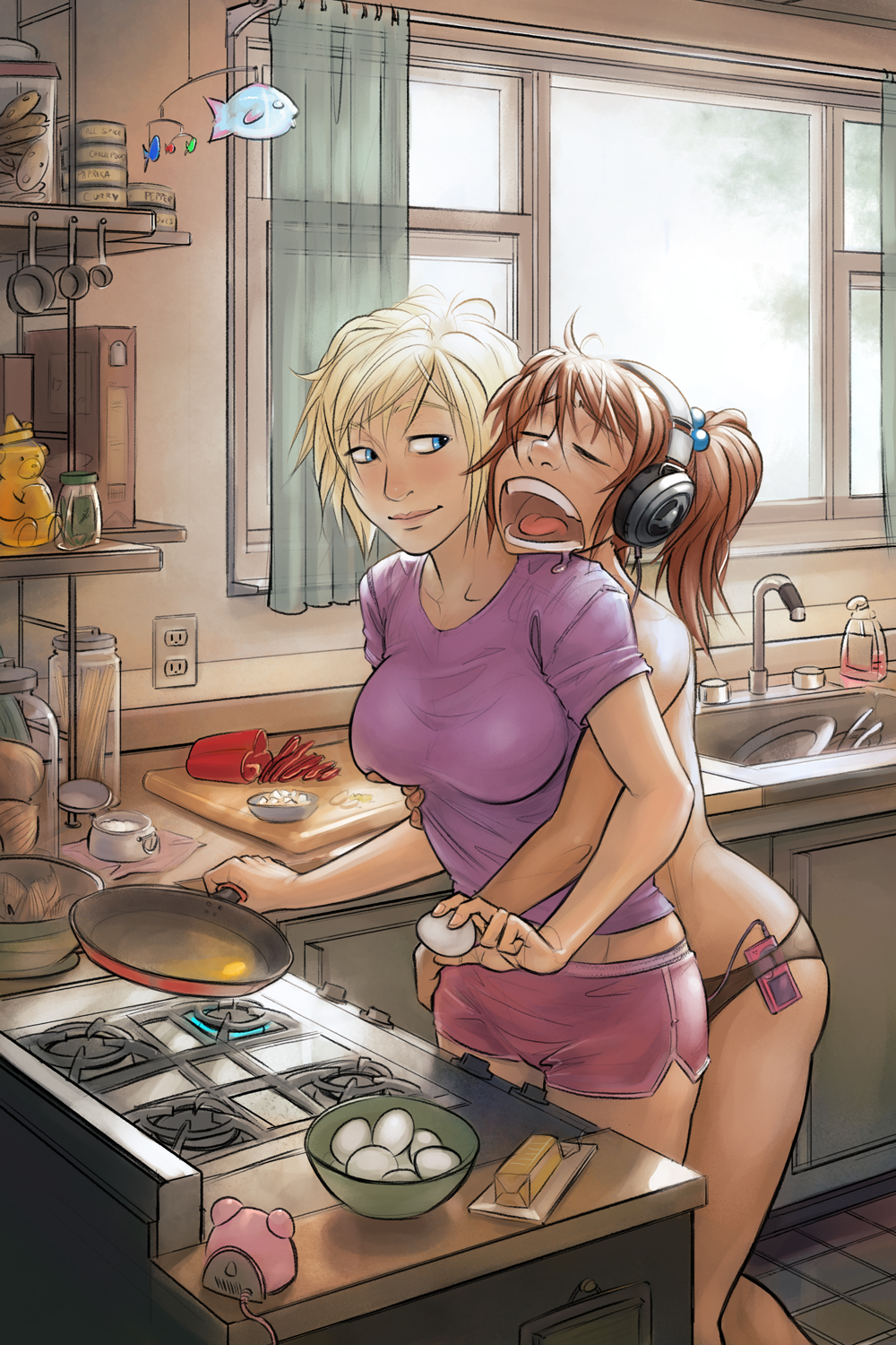2girls, blonde_hair, blue_eyes, breakfast, breast_grab, brown_hair, closed_eyes, commentary