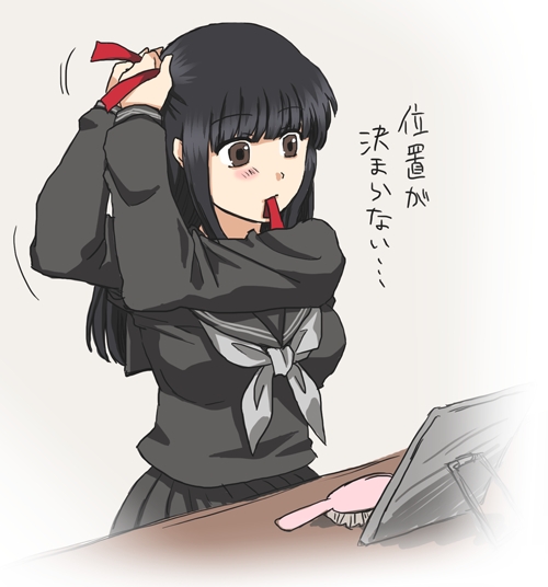 1girl, adjusting_bow, bangs, black_hair, blush, brown_eyes, desk, hair_brush
