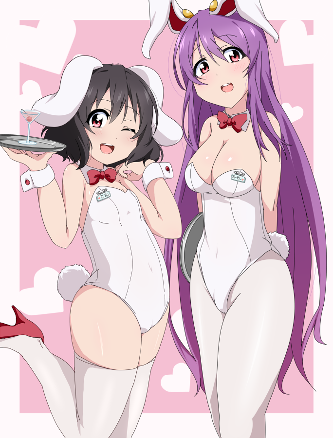 2girls, alternate_costume, animal_ears, arms_behind_back, bare_shoulders, black_hair, black_legwear, blush