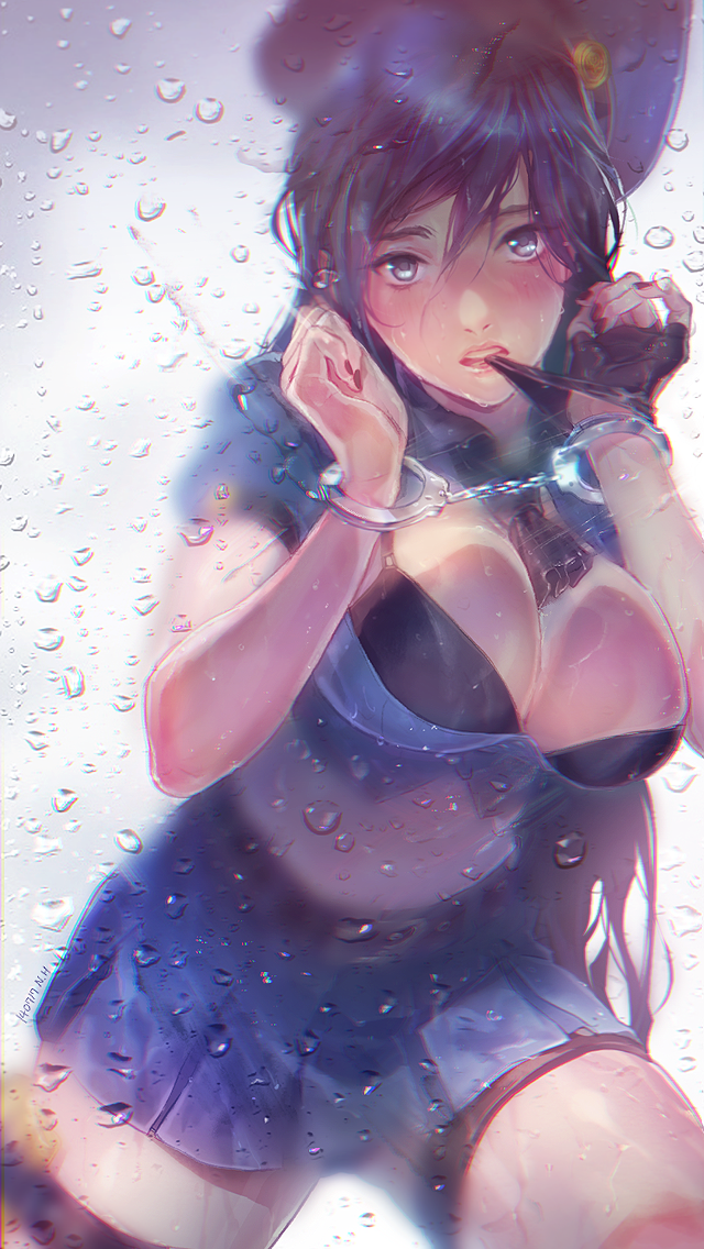 1girl, blue_eyes, blue_hair, blush, breasts, caitlyn_(league_of_legends), cleavage, cuffs