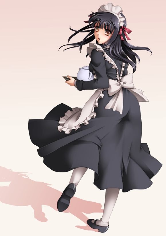 1girl, apron, ass, bangs, black_hair, blush, commentary_request, dress