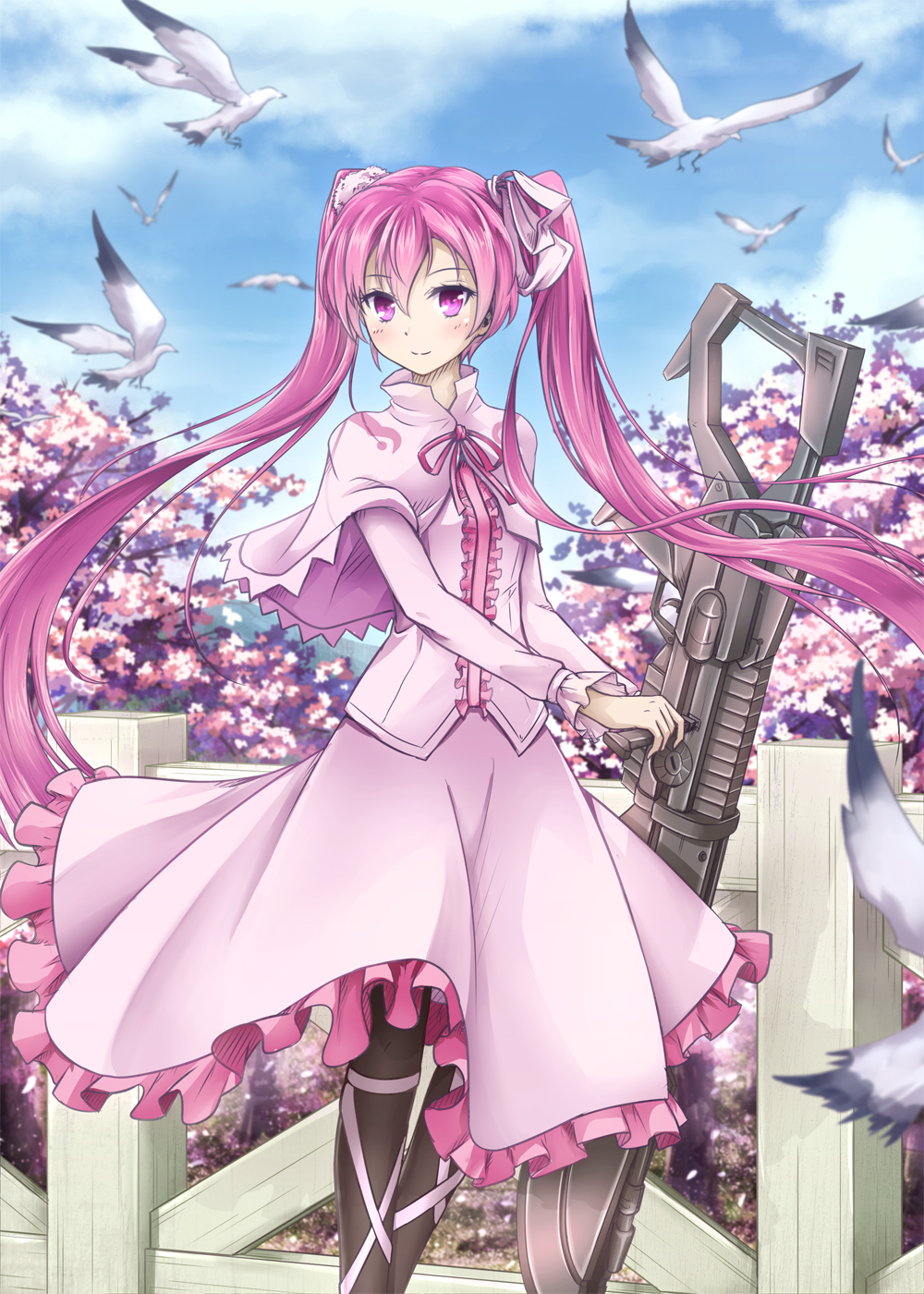 1girl, akame_ga_kill!, asakurashinji, bird, black_legwear, blush, capelet, cherry_blossoms