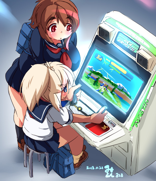 2girls, :o, ahoge, arcade, arcade_cabinet, astro_city, backpack, bag