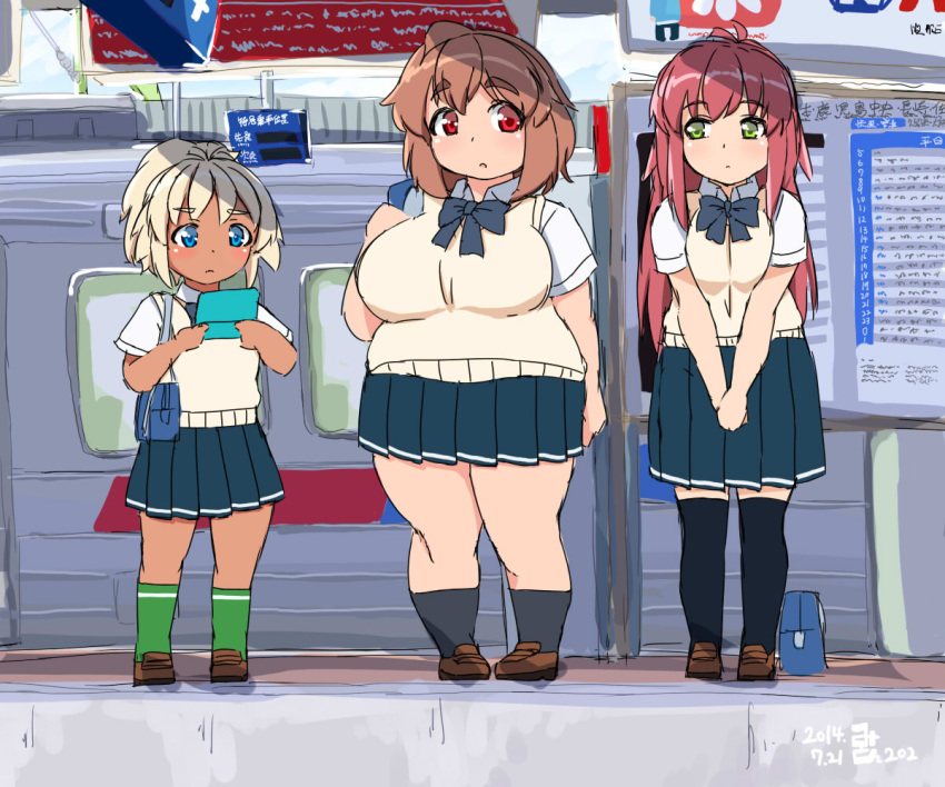 3girls, :o, ahoge, bag, black_legwear, blonde_hair, blue_eyes, blush, bowtie, breast_squeeze, breasts, brown_hair, collared_shirt, eno_konoe, eyebrows, green_eyes, green_legwear, huge_breasts, kneehighs, large_breasts, loafers, long_hair, looking_at_another, mikomu, mitaka_tsubasa, multiple_girls, nervous, nintendo_ds, ojiri_luna, original, pigeon-toed, playing_games, pleated_skirt, plump, red_eyes, redhead, school_uniform, shoes, short_hair, short_sleeves, shoulder_bag, size_difference, skirt, socks, tan, tareme, thick_eyebrows, thighs, train, train_station_platform, v_arms, very_long_hair, vest