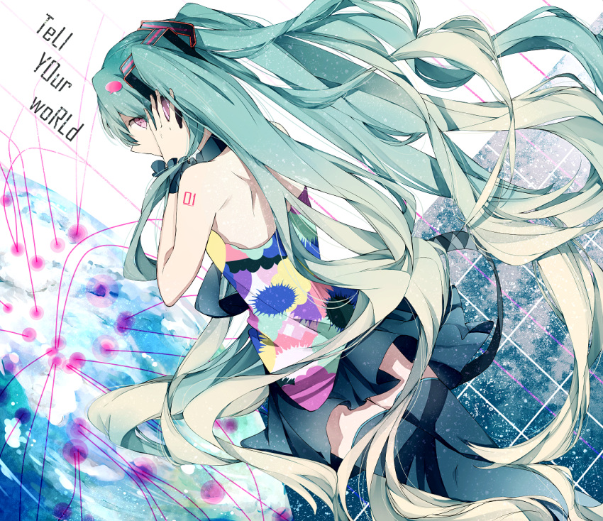 1girl, copyright_name, from_behind, green_hair, hatsune_miku, headphones, long_hair, manako_(manatera)