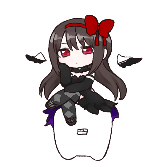 1girl, akemi_homura, akuma_homura, argyle, argyle_legwear, bare_shoulders, black_gloves, black_hair