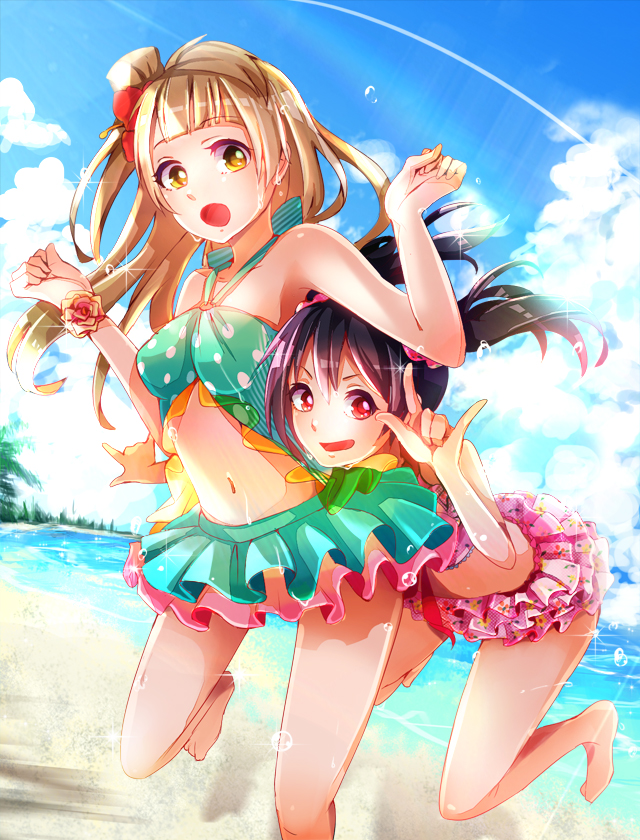 2girls, \m/, bikini, bikini_skirt, black_hair, brown_eyes, brown_hair, long_hair