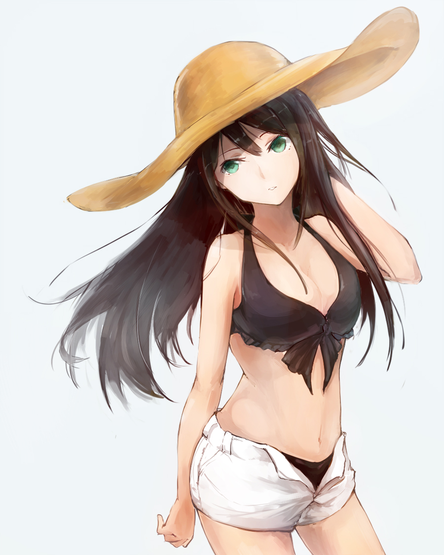 1girl, aqua_eyes, bikini, brown_hair, hat, idolmaster, idolmaster_cinderella_girls, long_hair