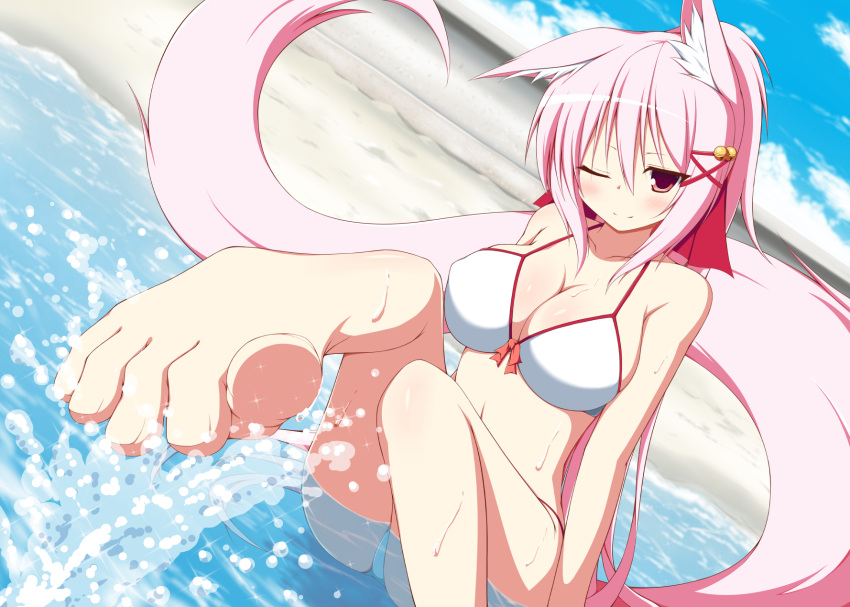 1girl, animal_ears, bikini, blush, breasts, feet, foreshortening, fox_ears, fox_tail, highres, kazamatsuri_kazari, kemonomimi_mode, large_breasts, long_tail, mizuki_(kogetsu-tei), ocean, one_eye_closed, original, pink_hair, red_eyes, smile, solo, splashing, swimsuit, tail, toes, wet