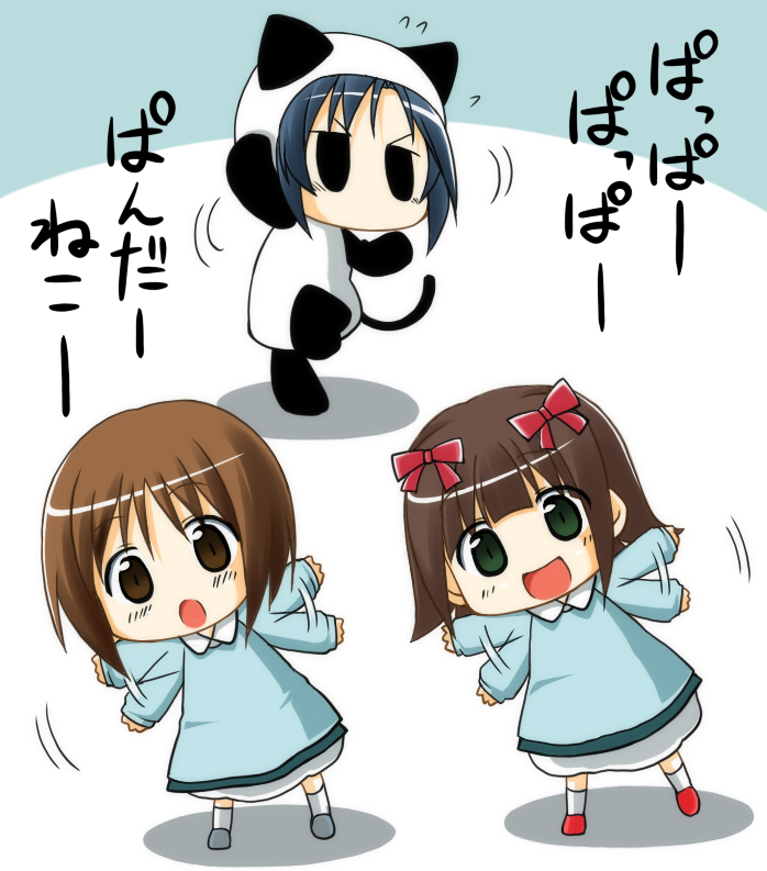 amami_haruka, animal_costume, brown_eyes, cat_hood, child, crossover, empty_eyes, green_eyes, hagiwara_yukiho, hair_ribbon, hanamaru_youchien, hood, idolmaster, inu_mamoru_mizuki, kindergarten, kisaragi_chihaya, ribbon, translation_request, waving, young