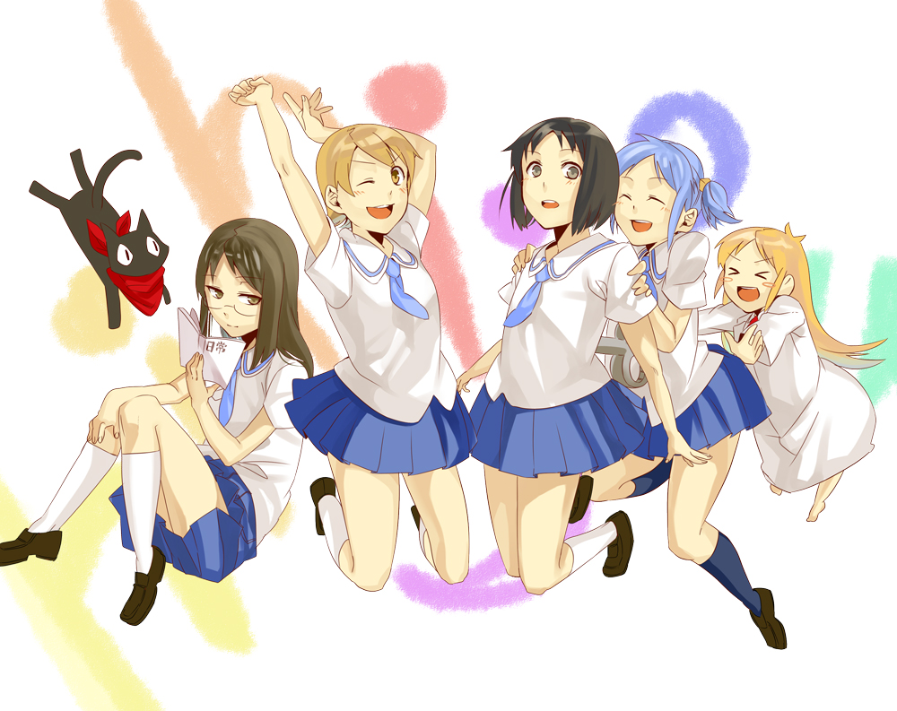 aioi_yuuko, black_eyes, black_hair, blue_hair, book, brown_eyes, brown_hair, cat, itsuya_(mohumohu0521), labcoat, long_hair, minakami_mai, naganohara_mio, necktie, nichijou, one_eye_closed, professor_shinonome, sakamoto_(nichijou), scarf, school_uniform, shinonome_nano, short_hair, smile, winding_key