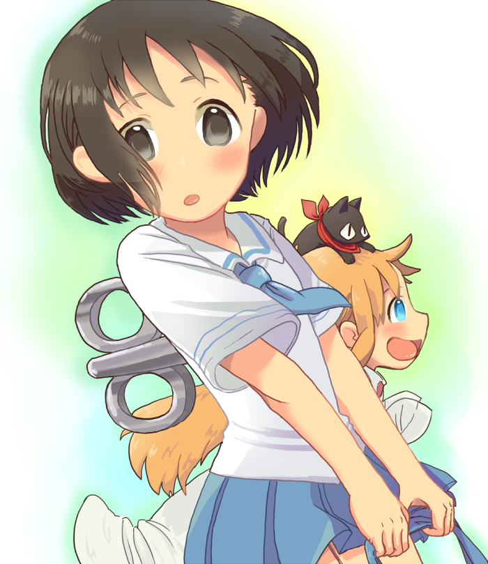 bag, black_eyes, black_hair, blonde_hair, blue_eyes, cat, labcoat, long_hair, nichijou, professor_shinonome, sakamoto_(nichijou), scarf, school_uniform, shinonome_nano, smile, uzu86_(toritoritotori), winding_key