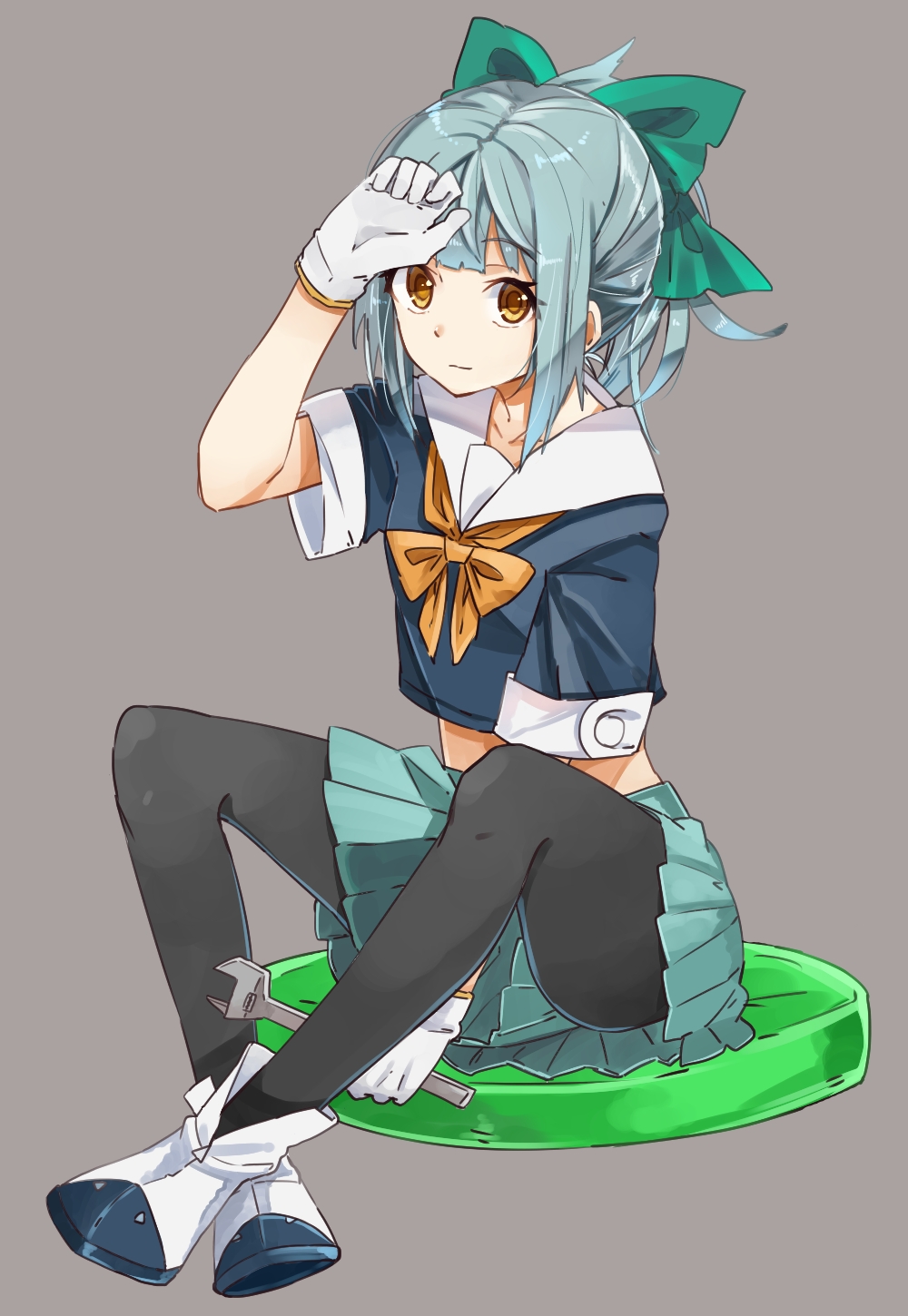 1girl, black_legwear, blouse, bow, brown_eyes, gloves, grey_hair, hair_bow