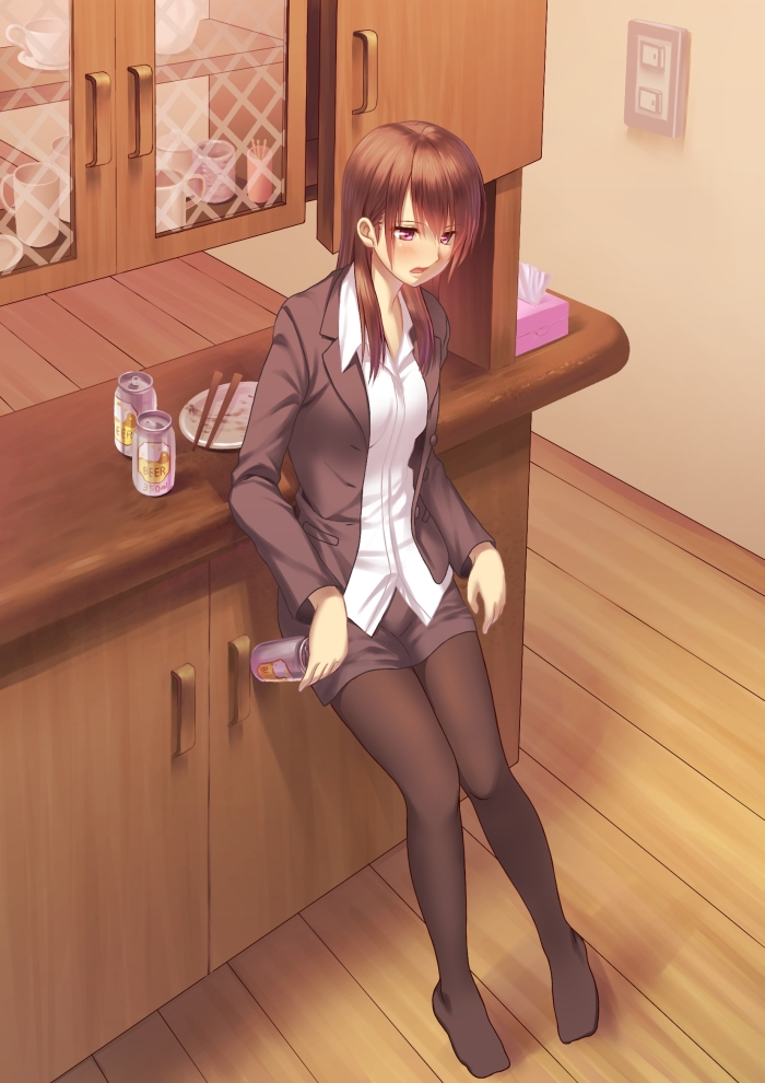 1girl, beer_can, brown_hair, dish, ese_shinshi, female, office_lady, open_mouth
