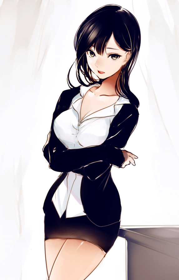 1girl, black_eyes, black_hair, crossed_arms, formal, long_hair, lp_(hamasa00), original