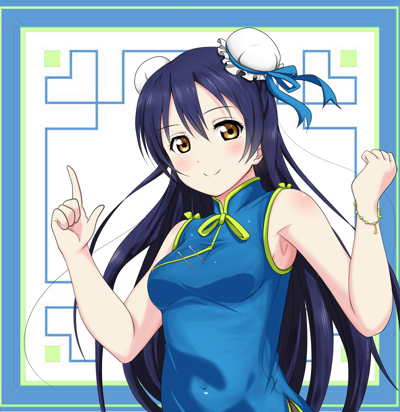 1girl, blue_hair, blush, bun_cover, china_dress, chinese_clothes, frolaytia, long_hair
