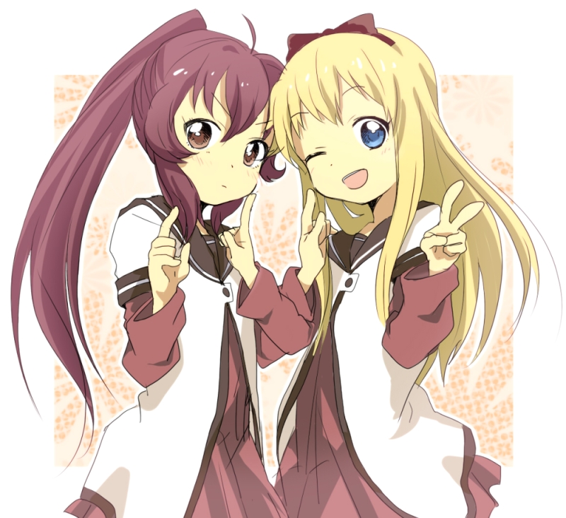 blonde_hair, blue_eyes, brown_eyes, hotate_(suikaneko), long_hair, one_eye_closed, ponytail, redhead