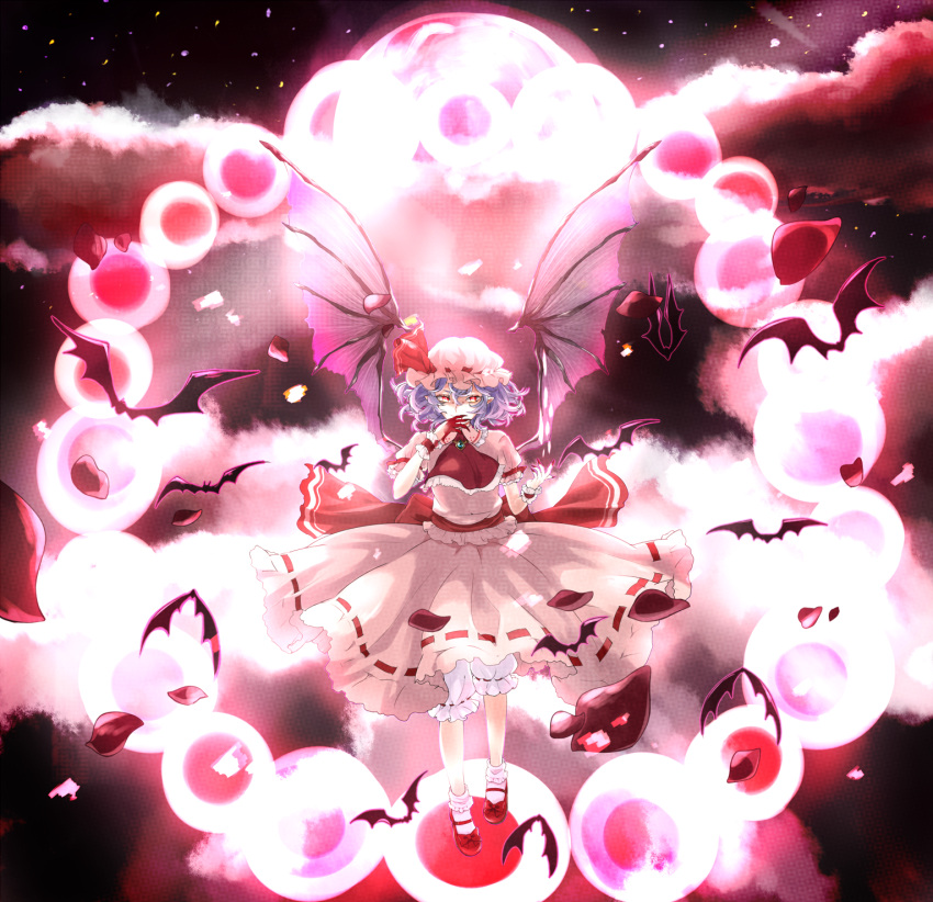 ascot, bat, bat_wings, blood, bloody_hands, bloomers, blue_hair, clouds