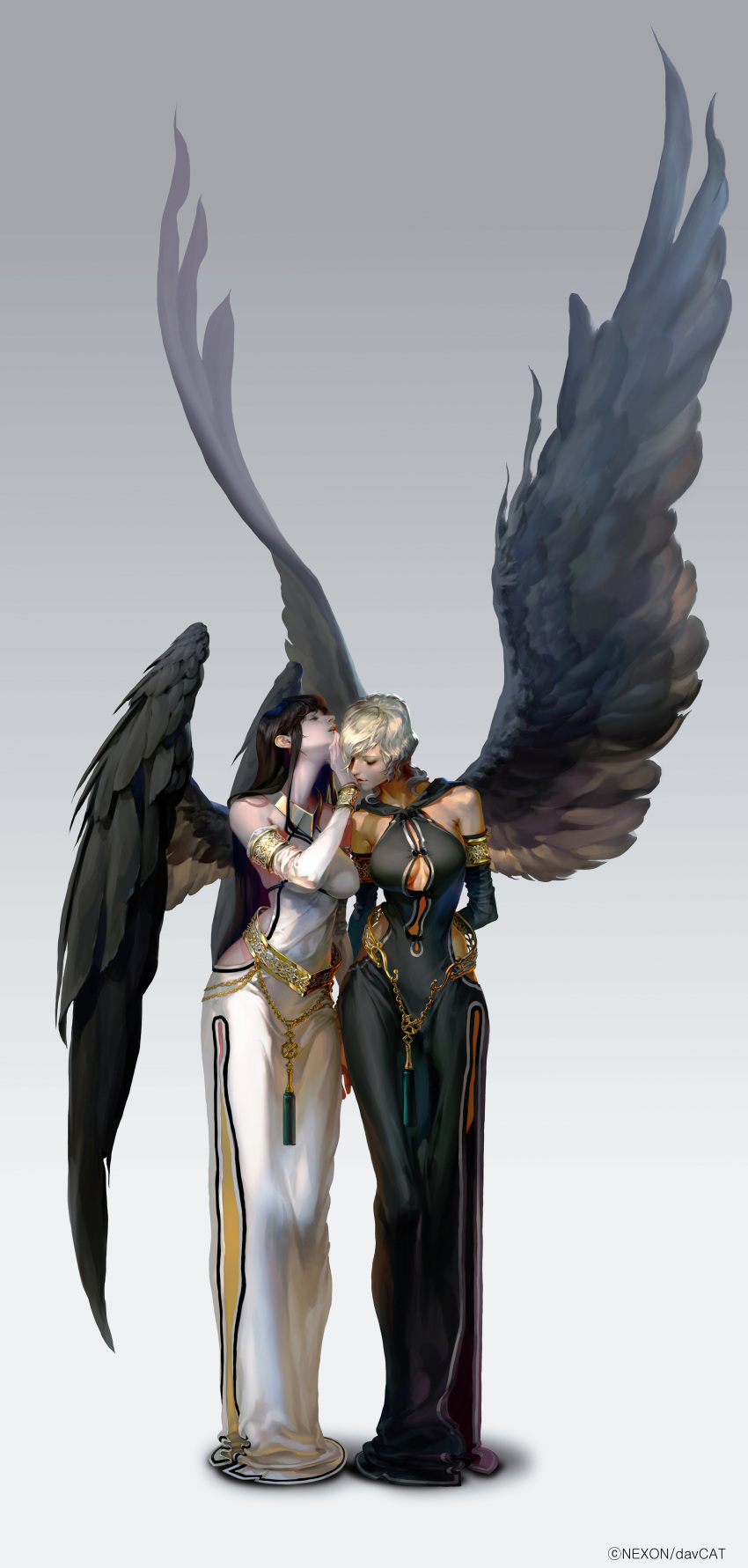 2girls, absurdres, angel_wings, armlet, black_hair, black_wings, blonde_hair, bracer