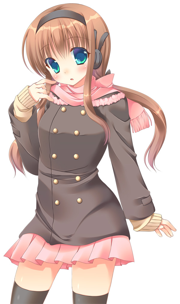 1girl, ameya_kirika, black_legwear, blue_eyes, brown_hair, bunny_earmuffs, coat, earmuffs