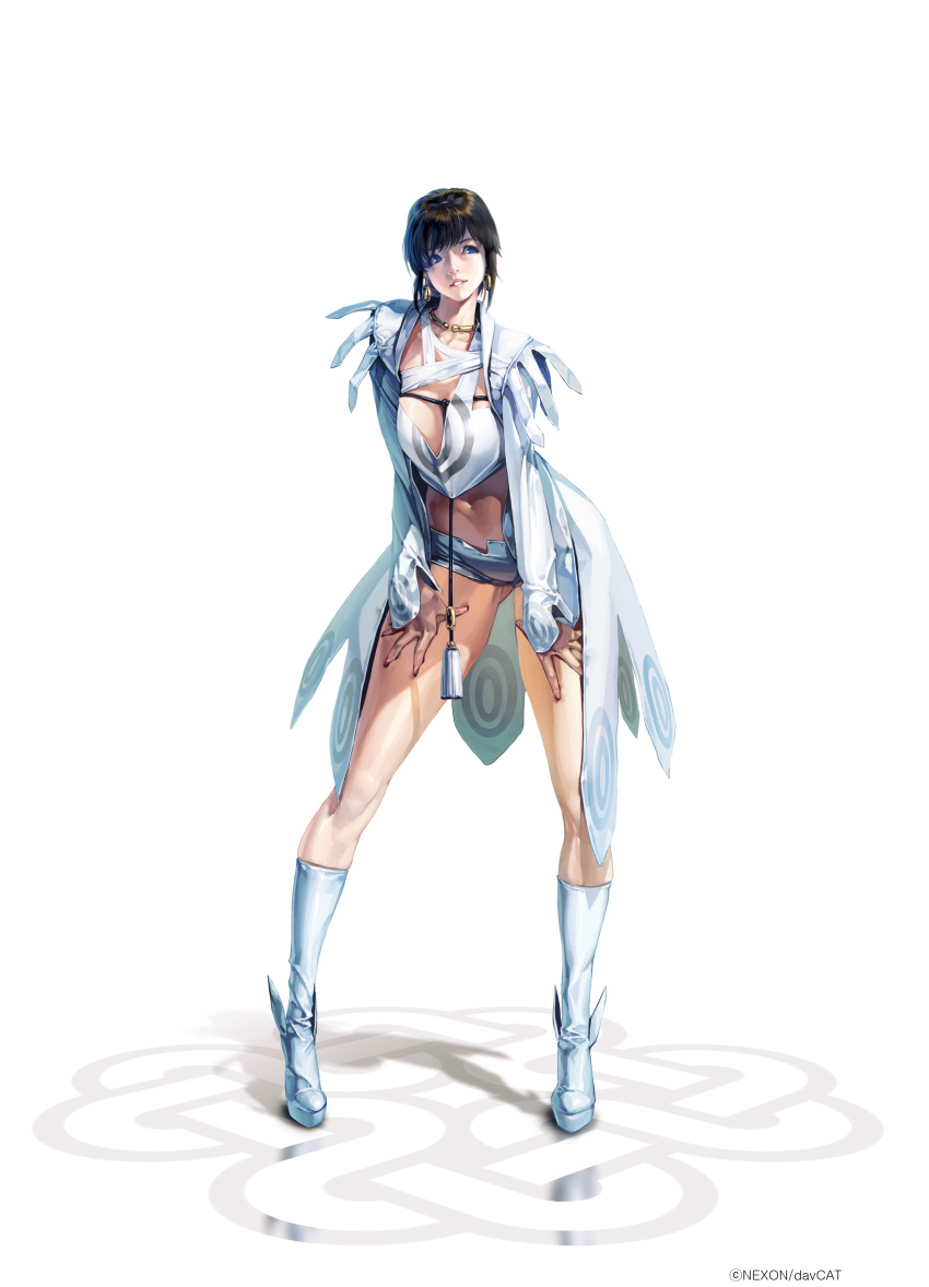 1girl, absurdres, biting, black_hair, blue_eyes, boots, coat, earrings
