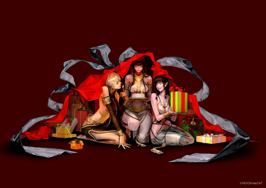 3girls, absurdres, armlet, black_hair, blonde_hair, blue_eyes, box, bracer